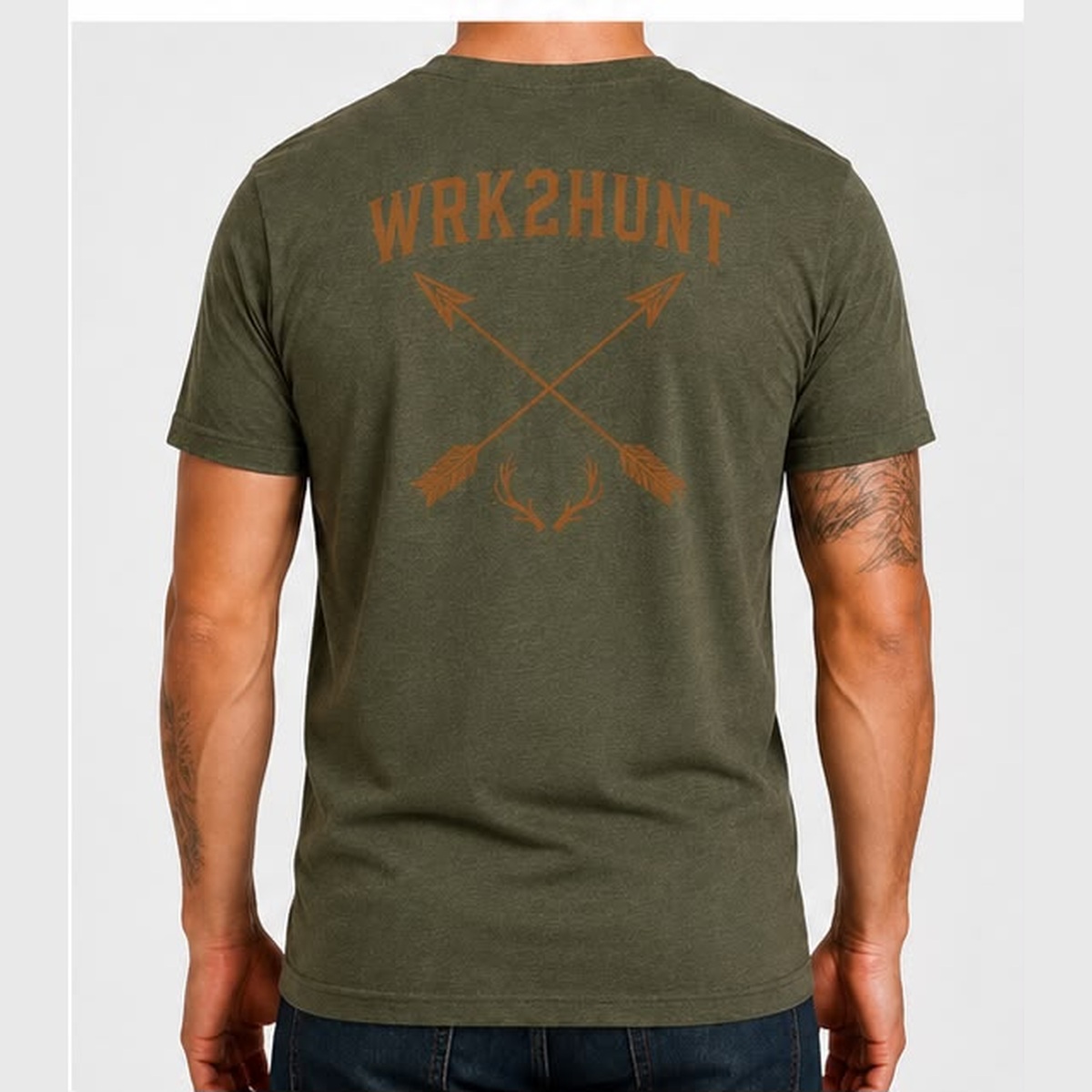 WRK2HUNT signature tee in military green, back artwork